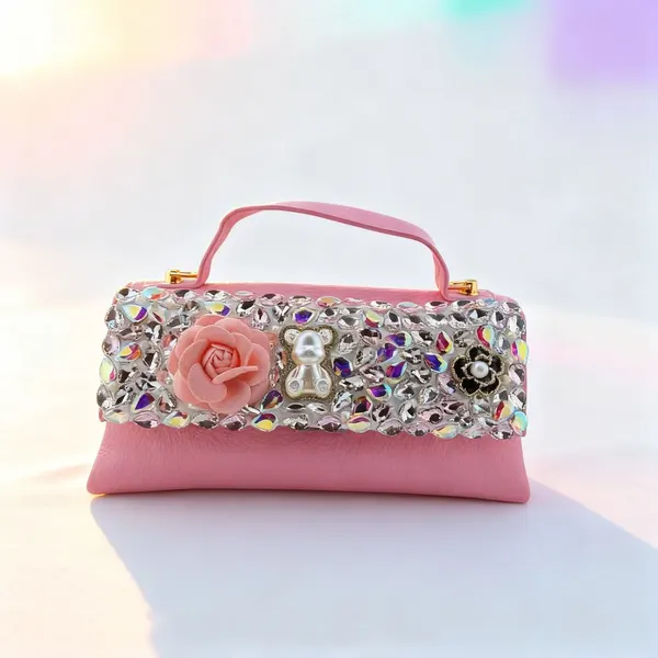 Bolsita de Mano Rosa con Pedrería y Flores