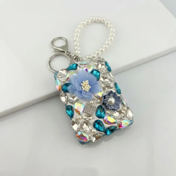 Espejo Charm Llavero Rectangular Pedreria con Flor Decorativo Bolsa Mujer