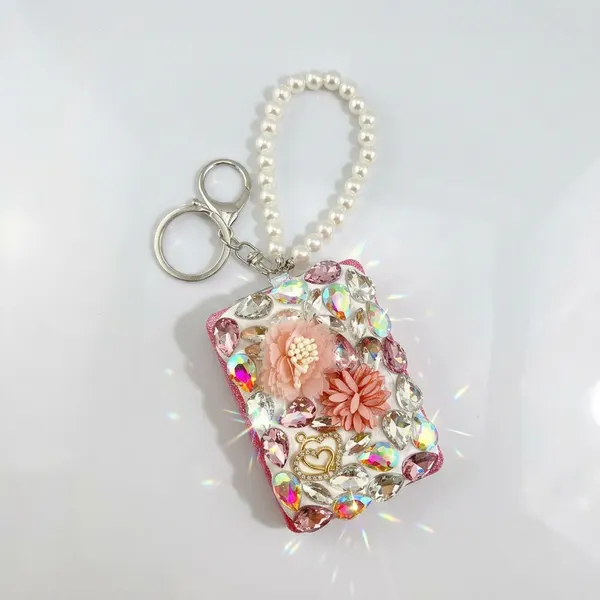 Espejo Charm Llavero Rectangular Pedreria con Flor Decorativo Bolsa Mujer