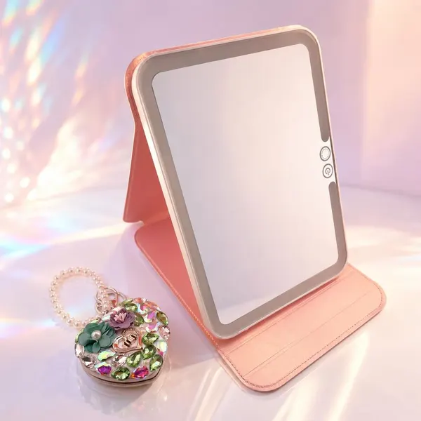 Pack Espejo con Luz LED Rosa Tornasol + Espejo Mini Corazón Verde