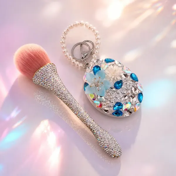 Pack Brocha Brillos Plata + Espejo Mini Ovalado Azul