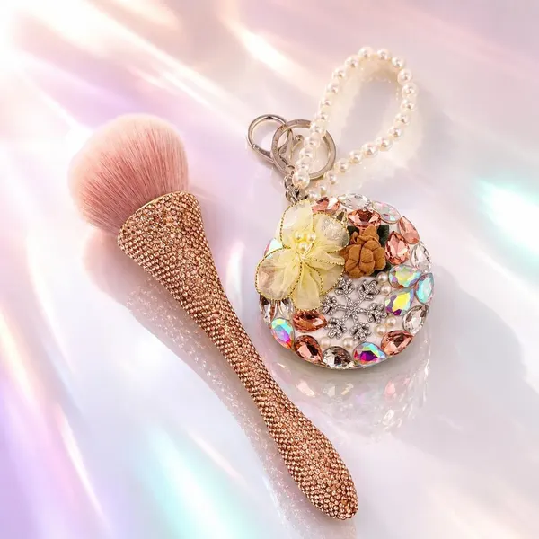 Pack Brocha Brillos Oro Rosa + Espejo Mini Círculo Dorado