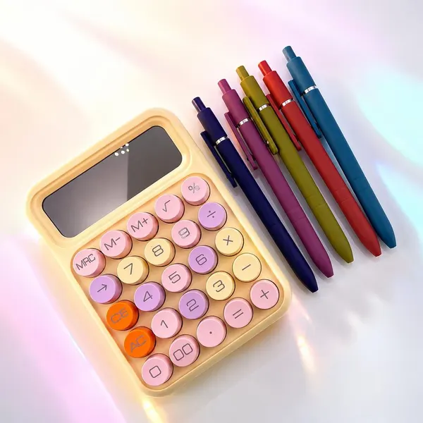 Pack Kit 5 Plumas Terciopelo Mix + Calculadora Botones Amarillo