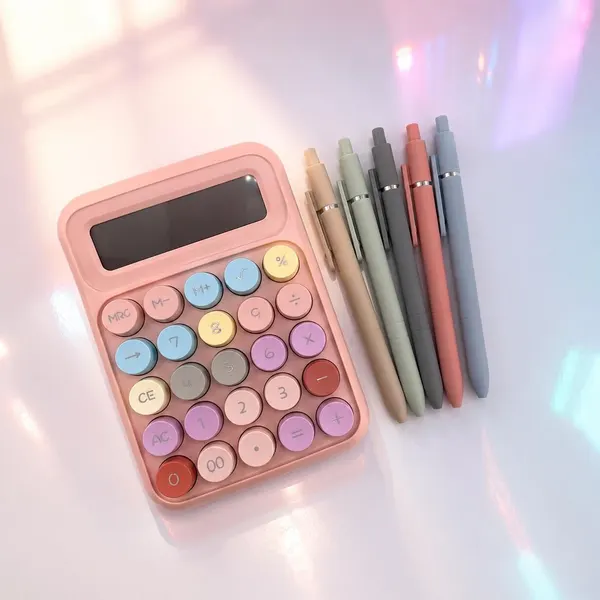 Pack Calculadora Botones Rosa + KIT 5 Plumas Terciopelo Pastel