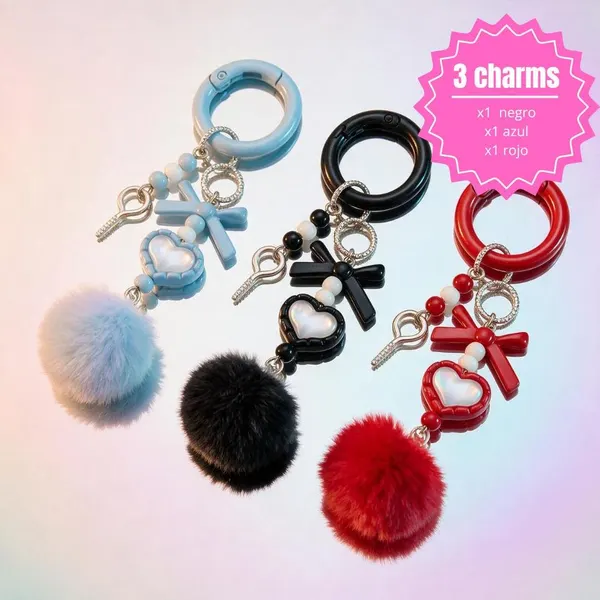 Pack 3 Llaveros Pompon Negro + Azul + Rojo