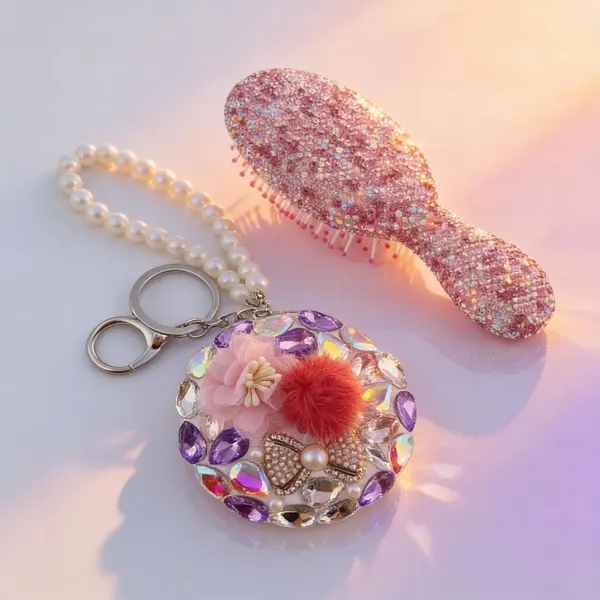 Pack Cepillo Mini Rosa con Brillos + Espejo Mini Círculo Morado