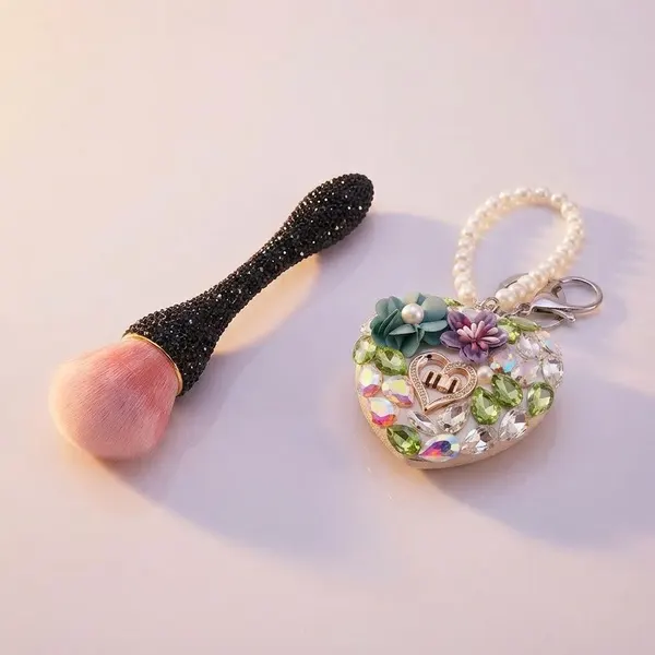 Pack Brocha Brillos Negro + Espejo Mini Corazón Verde