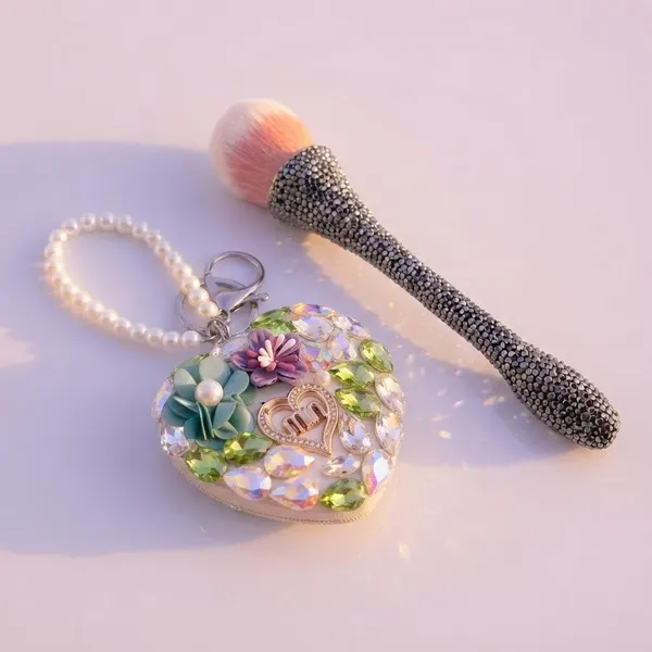 Pack Brocha Brillos Gris + Espejo Mini Corazón Verde